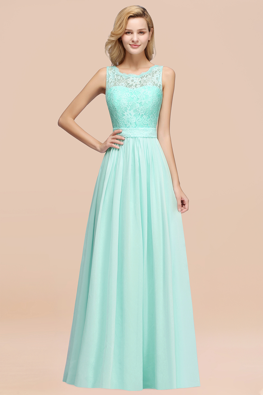 27prom Elegant Chiffon Lace Scalloped Sleeveless Ruffle Bridesmaid Dresses-27prom