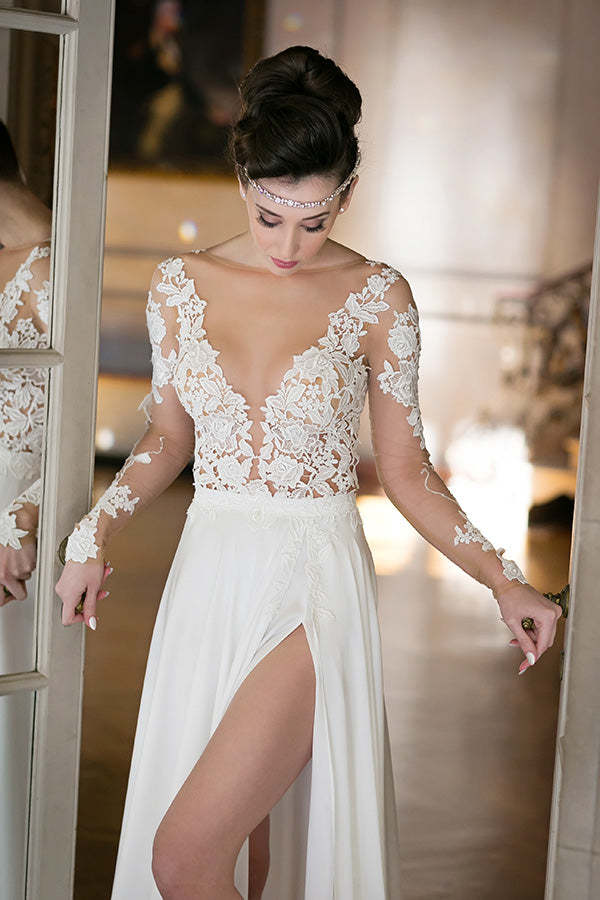 Long Sleeve Chiffon Wedding Dress with Slit
