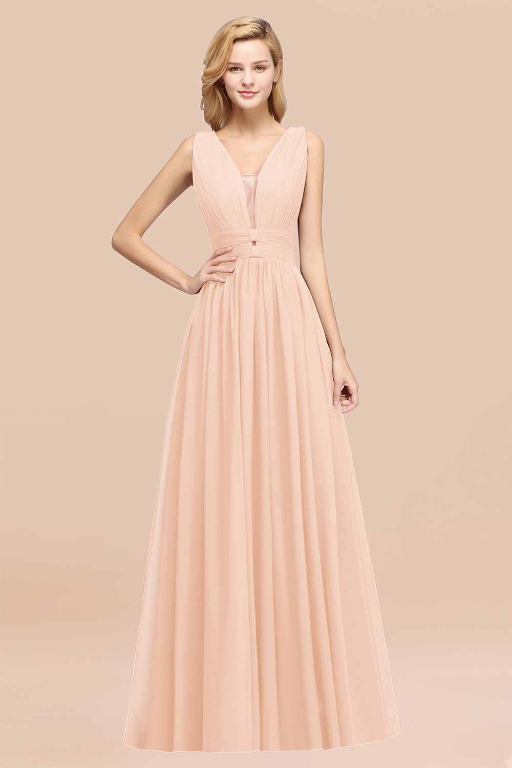 27prom Modest Dark Green Long Bridesmaid Dress Deep V-Neck Chiffon Maid of Honor Dress-27prom