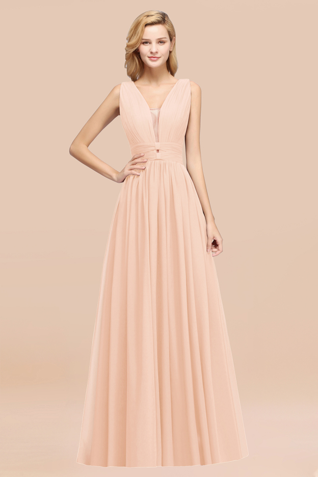 27prom Modest Dark Green Long Bridesmaid Dress Deep V-Neck Chiffon Maid of Honor Dress-27prom