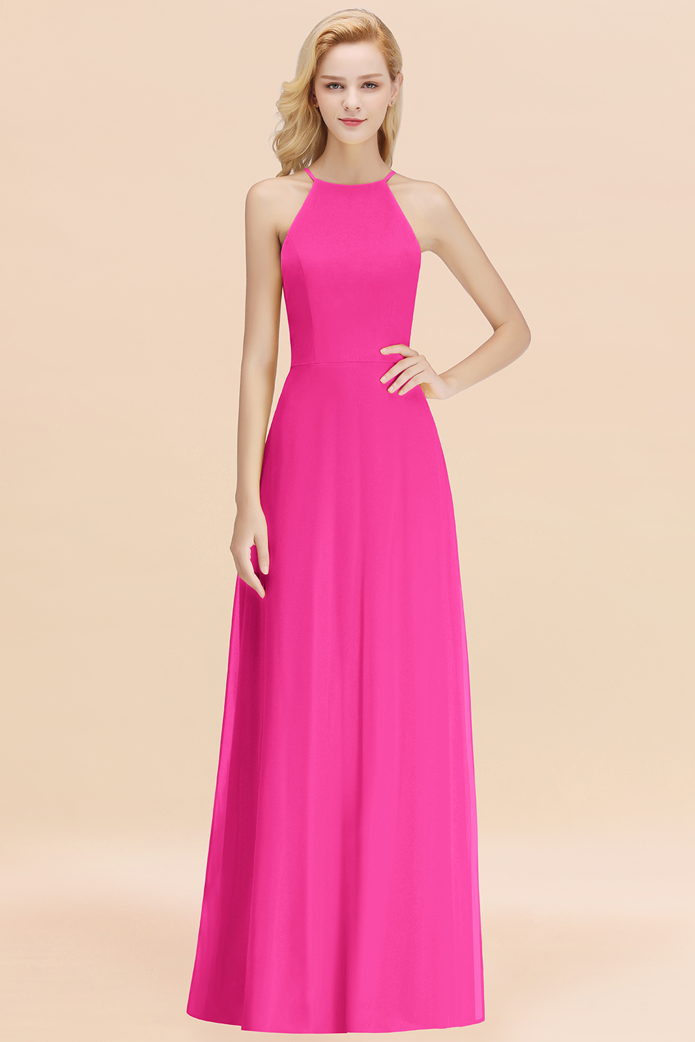27prom Modest High-Neck Yellow Chiffon Affordable Bridesmaid Dresses Online-27prom