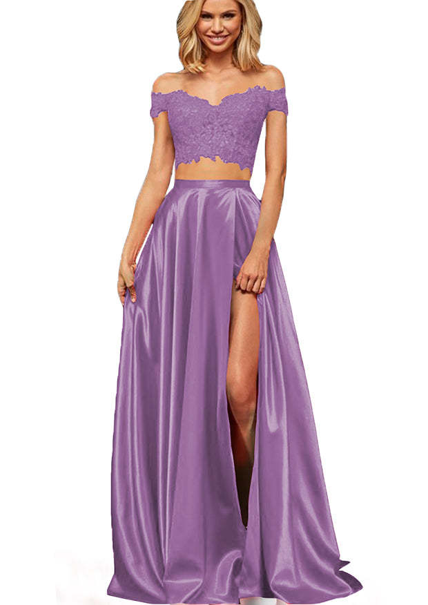 Off-the-Shoulder Two Pieces Prom Dress with Appliques and Slit