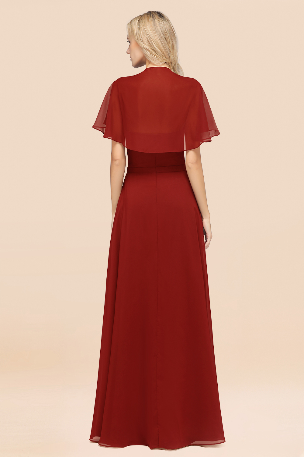 27prom Chic Satin V-Neck Long Burgundy Chiffon Bridesmaid Dress with Flutter Sleeve-27prom