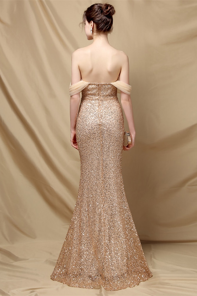Elegant Off the Shoulder Mermaid Sequins Prom Dress With Sweetheart Buttons