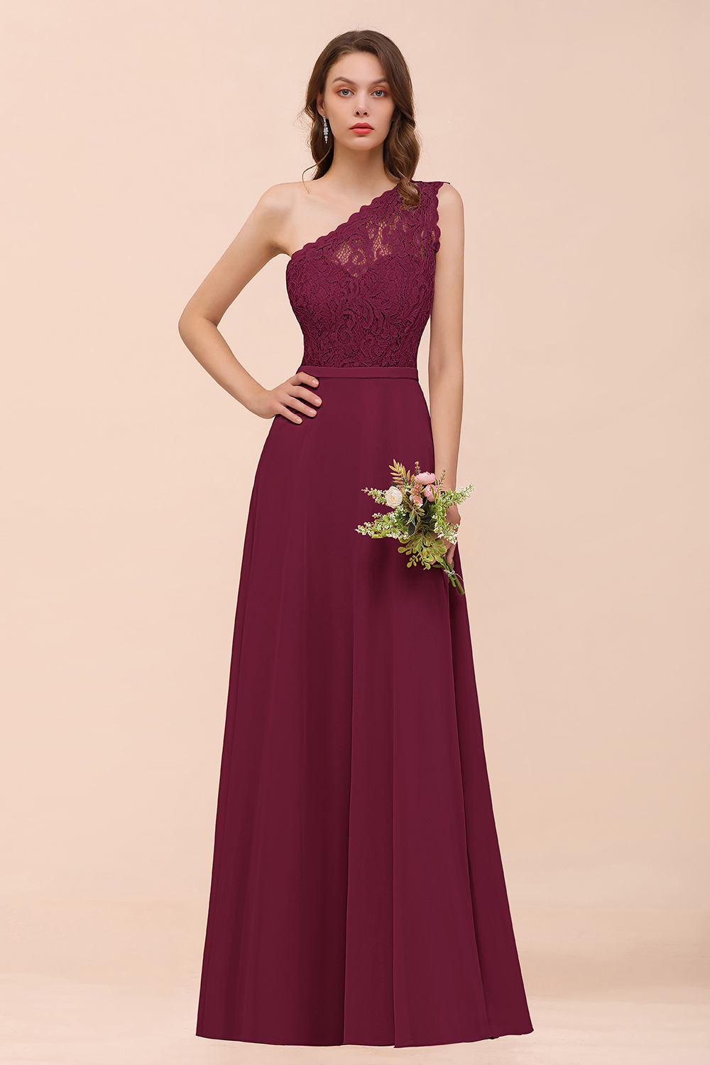 27prom New Arrival Dusty Rose One Shoulder Lace Long Bridesmaid Dress-27prom