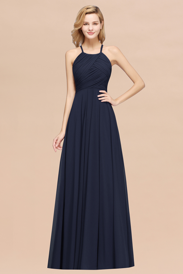 27prom Halter Crisscross Pleated Bridesmaid Dress Blue Chiffon Sleeveless Maid of Honor Dress-27prom