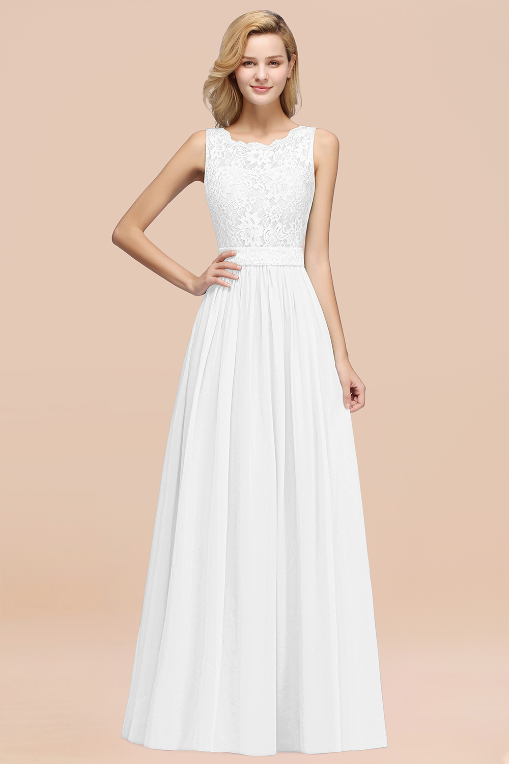 27prom Elegant Chiffon Lace Scalloped Sleeveless Ruffle Bridesmaid Dresses-27prom