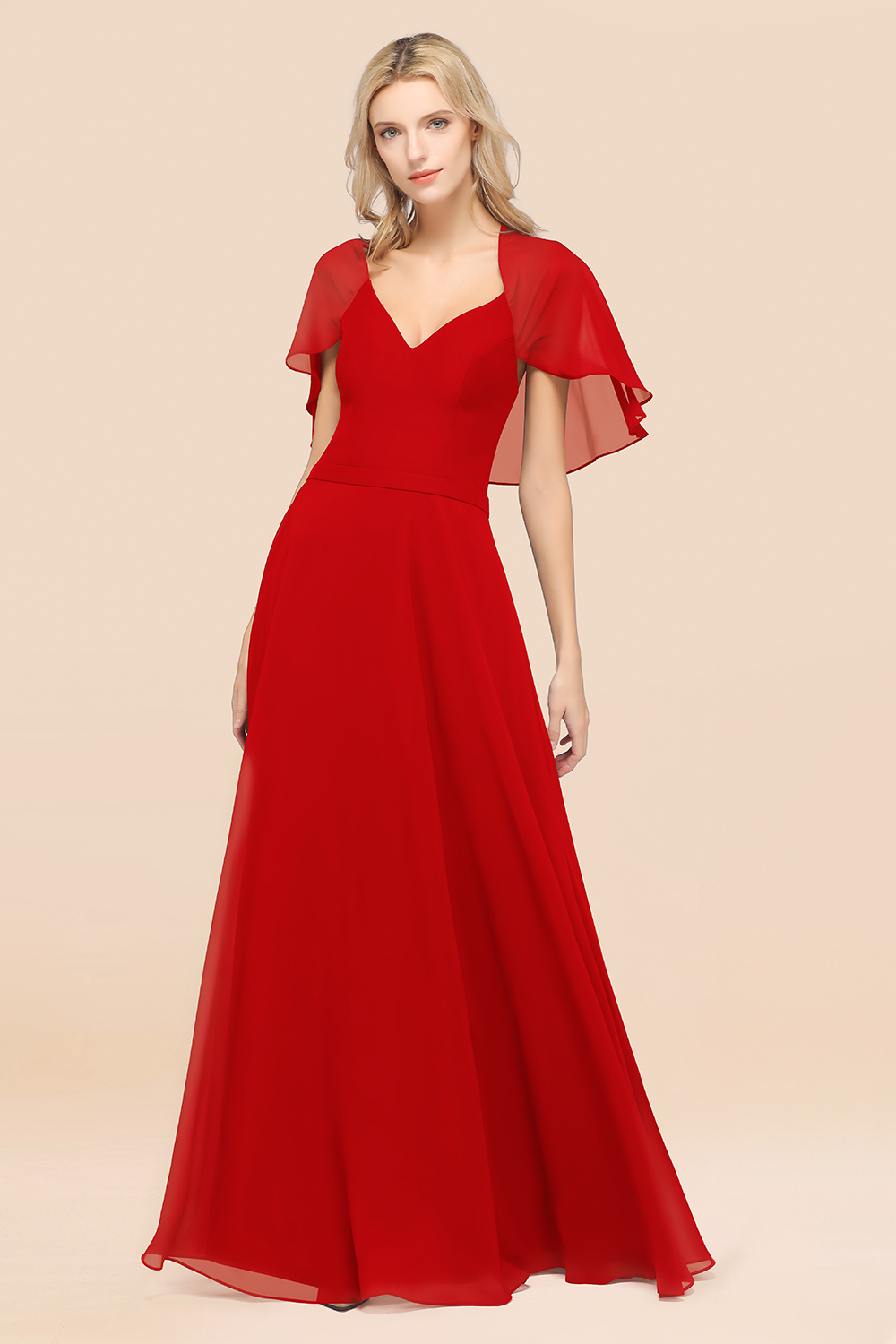 27prom Chic Satin V-Neck Long Burgundy Chiffon Bridesmaid Dress with Flutter Sleeve-27prom