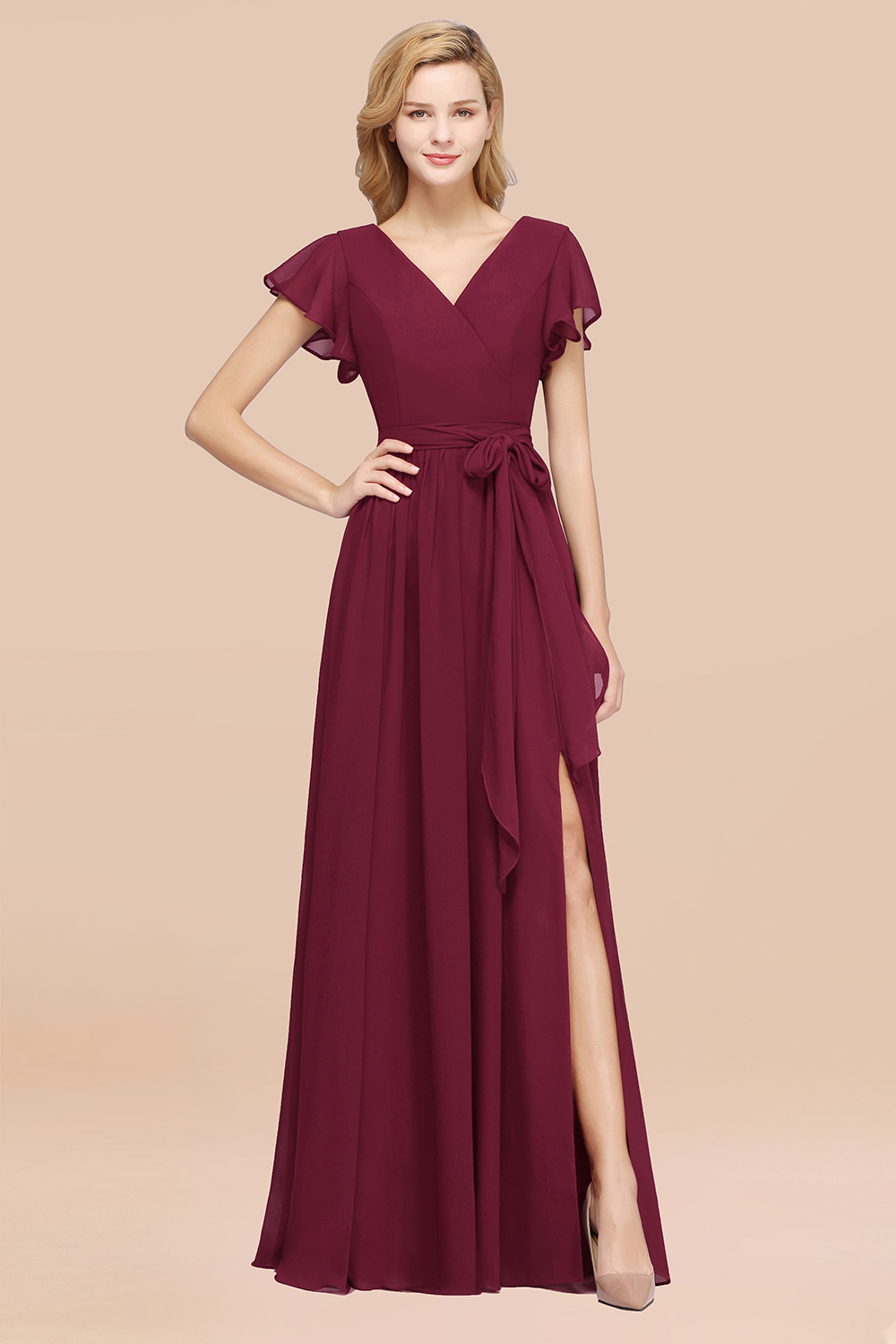 27prom Burgundy V-Neck Long Bridesmaid Dress With Short-Sleeves-27prom