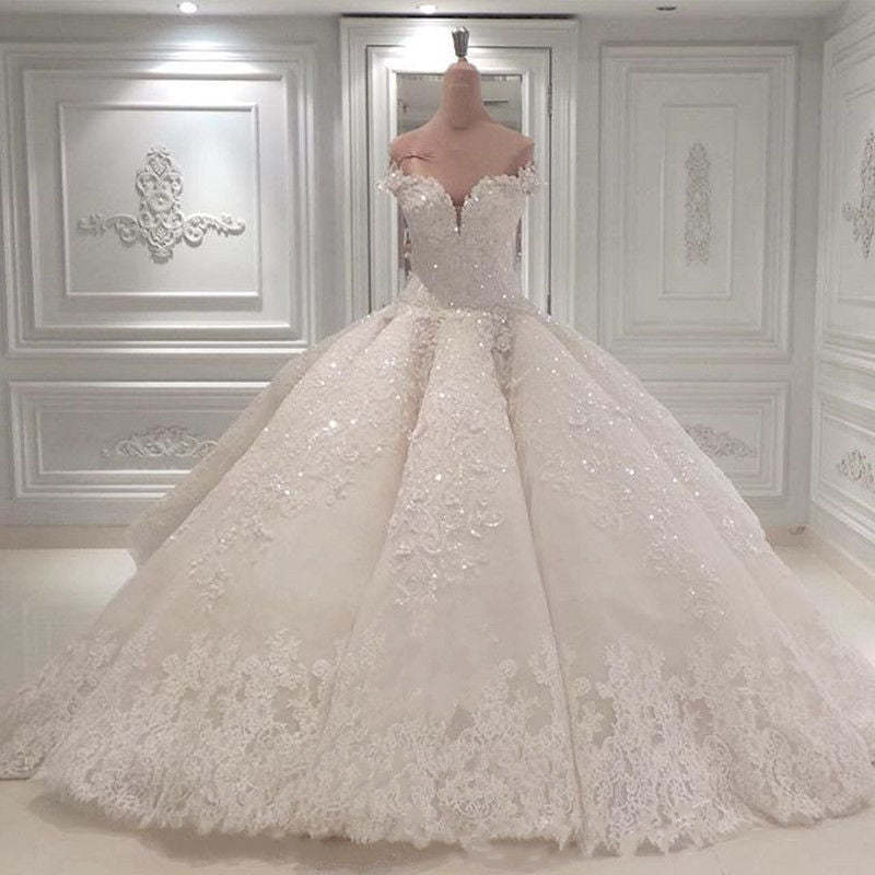 Gorgeous Off-the-Shoulder Ball Gown Wedding Dress with Beadings
