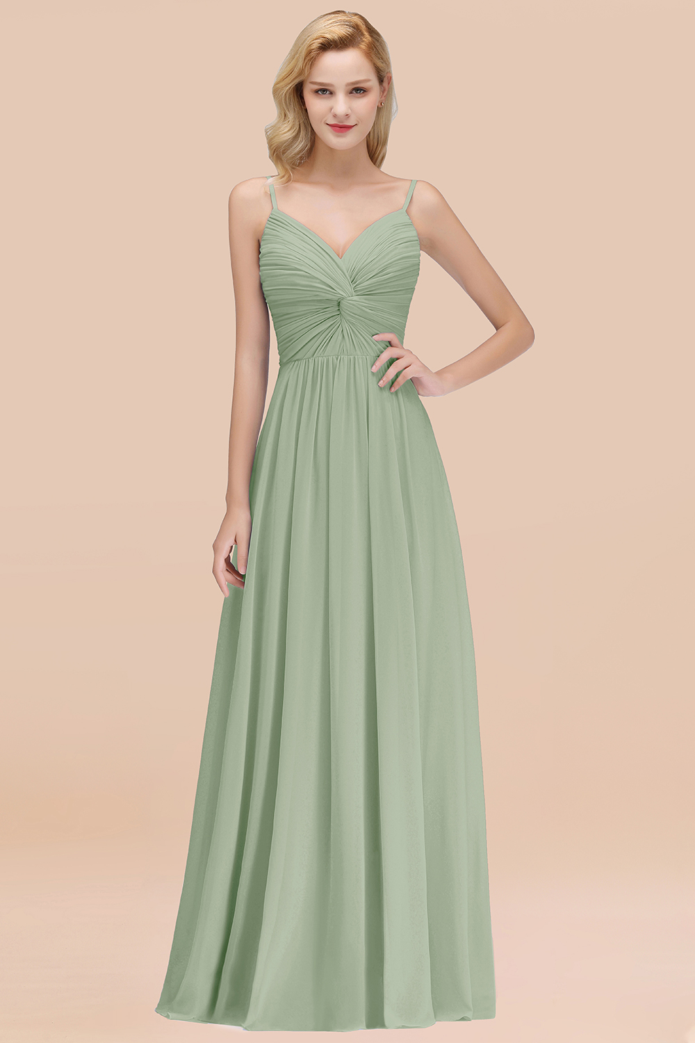 27prom Chic V-Neck Pleated Backless Bridesmaid Dresses with Spaghetti Straps-27prom