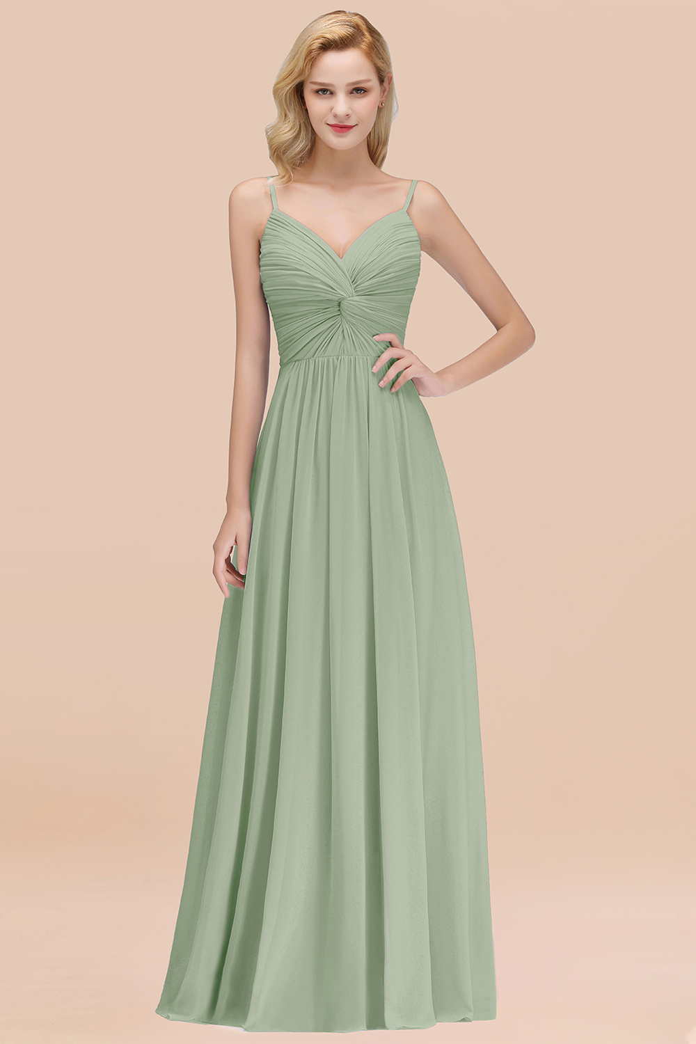 27prom Chic V-Neck Pleated Backless Bridesmaid Dresses with Spaghetti Straps-27prom