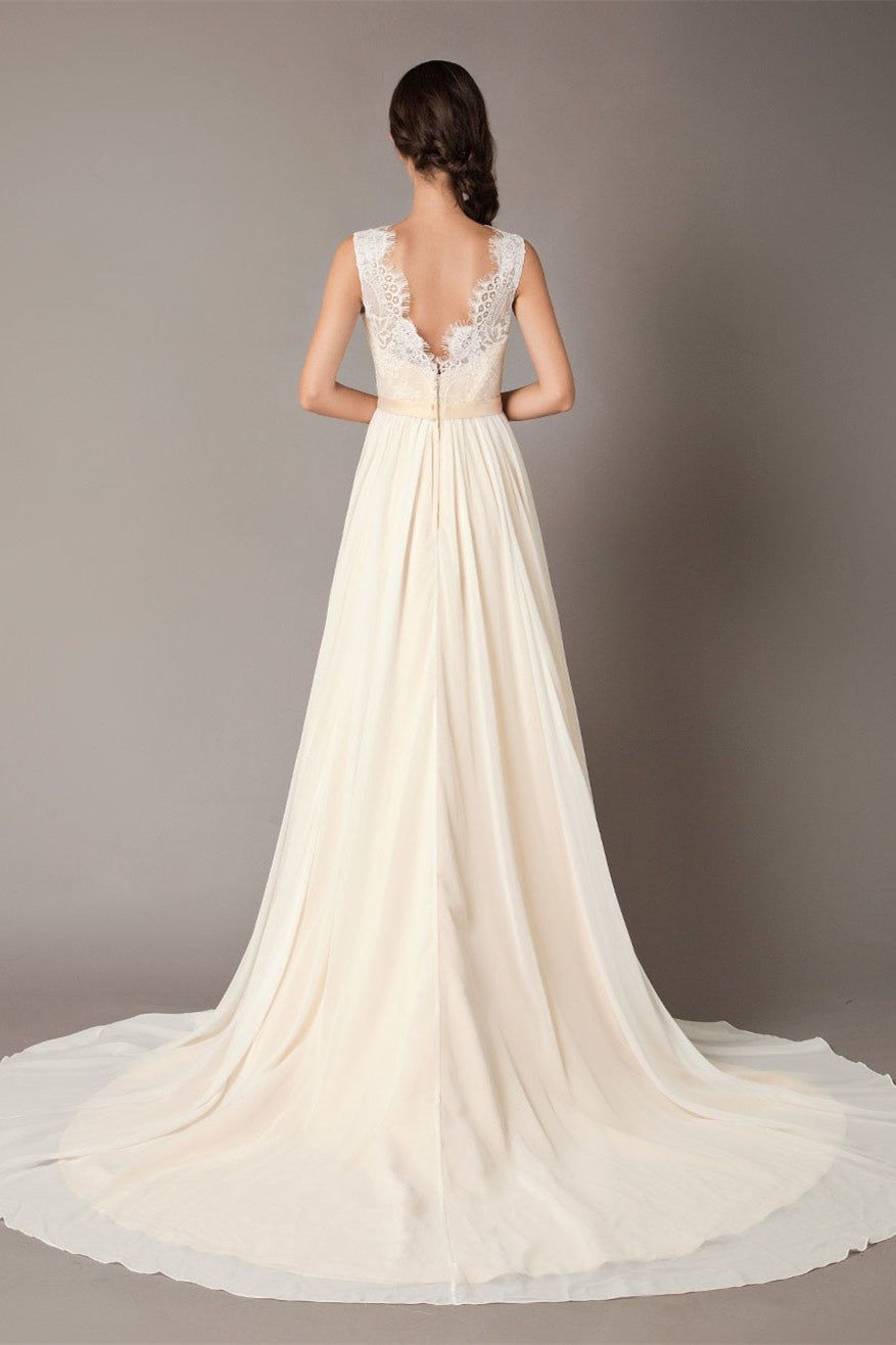 Champagne Lace Chiffon Wedding Dress