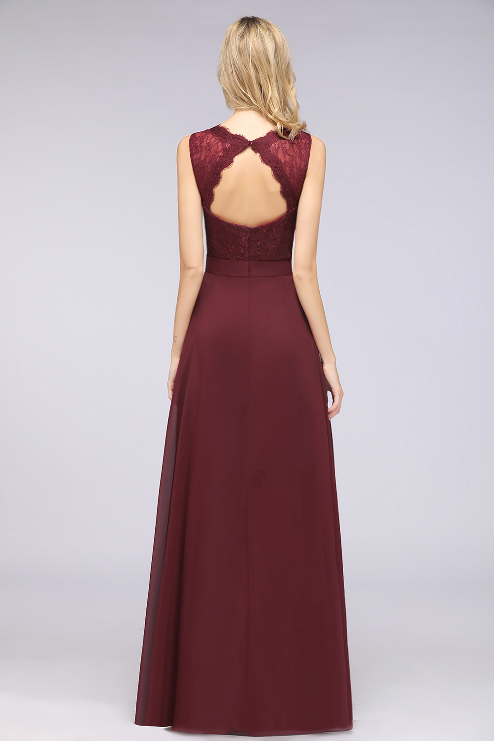 27prom Modest Chiffon V-Neck Burgundy Lace Bridesmaid Dresses Online-27prom
