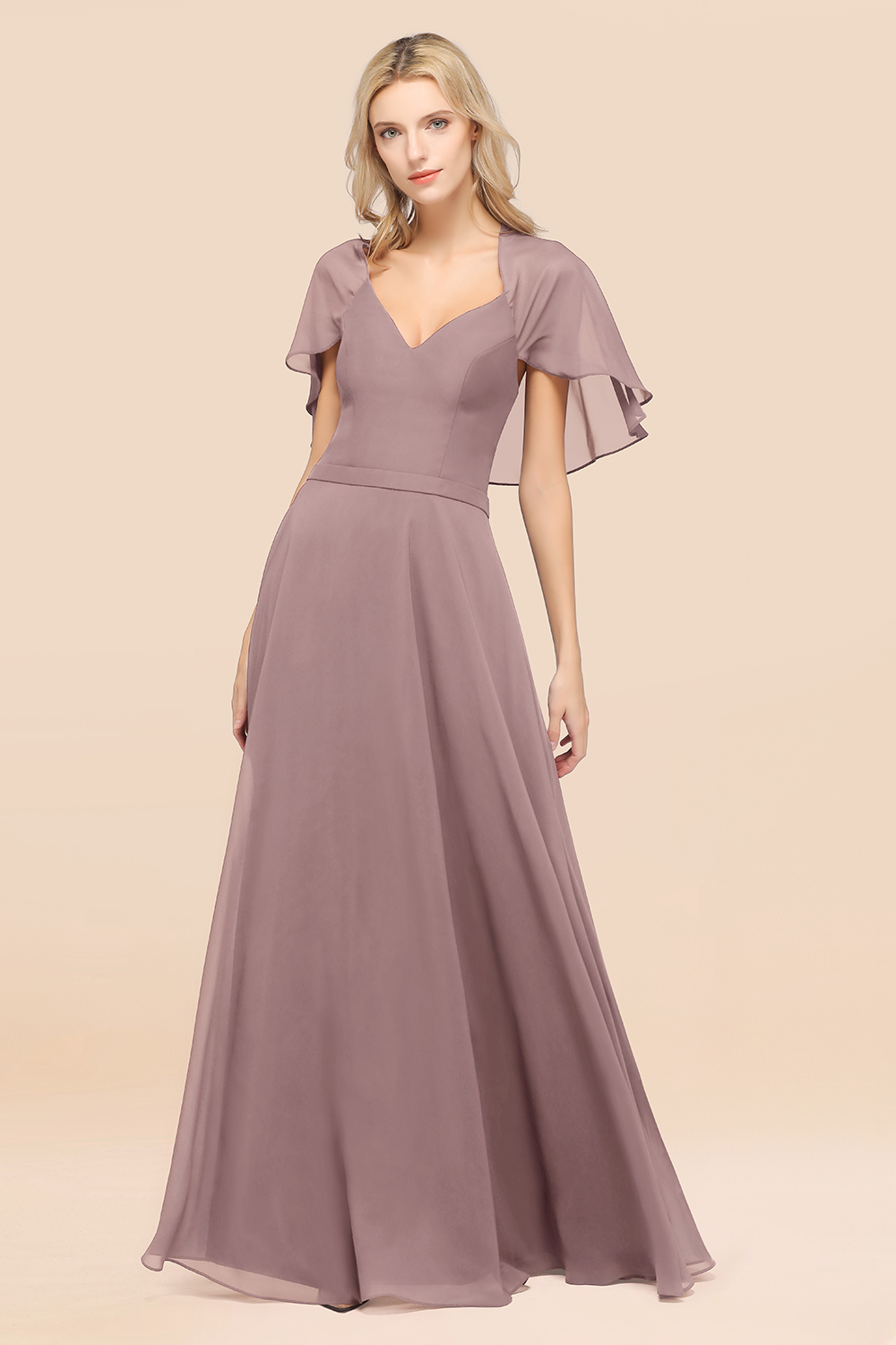 27prom Chic Satin V-Neck Long Burgundy Chiffon Bridesmaid Dress with Flutter Sleeve-27prom