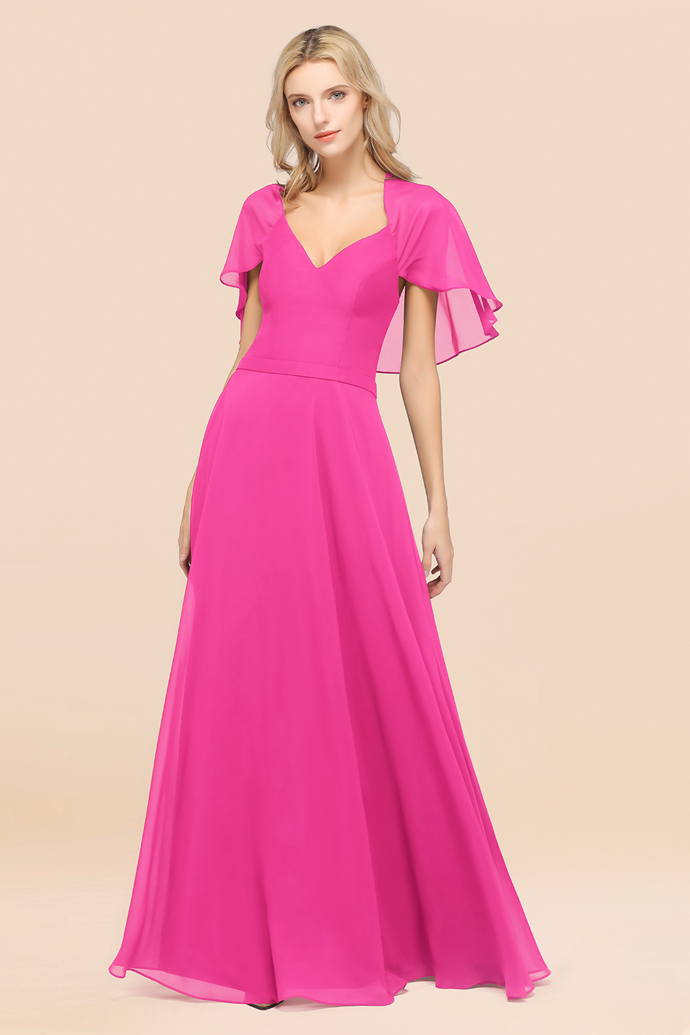 27prom Chic Satin V-Neck Long Burgundy Chiffon Bridesmaid Dress with Flutter Sleeve-27prom