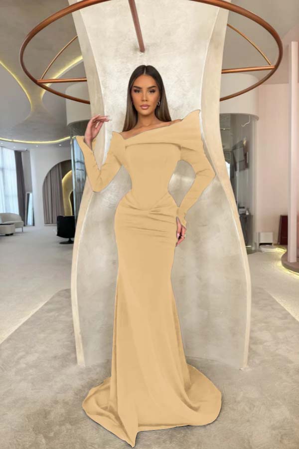 Off the Shoulder Long Sleeves Long Mermaid Prom Dress With Pleated