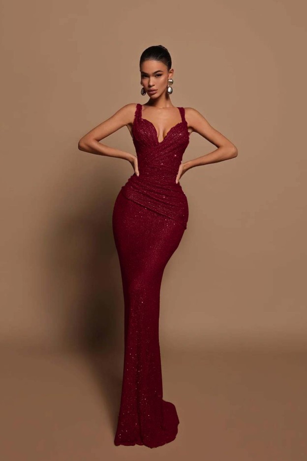 Sexy Pink Long Sequins Prom Dress V Neck Mermaid Sleeveless