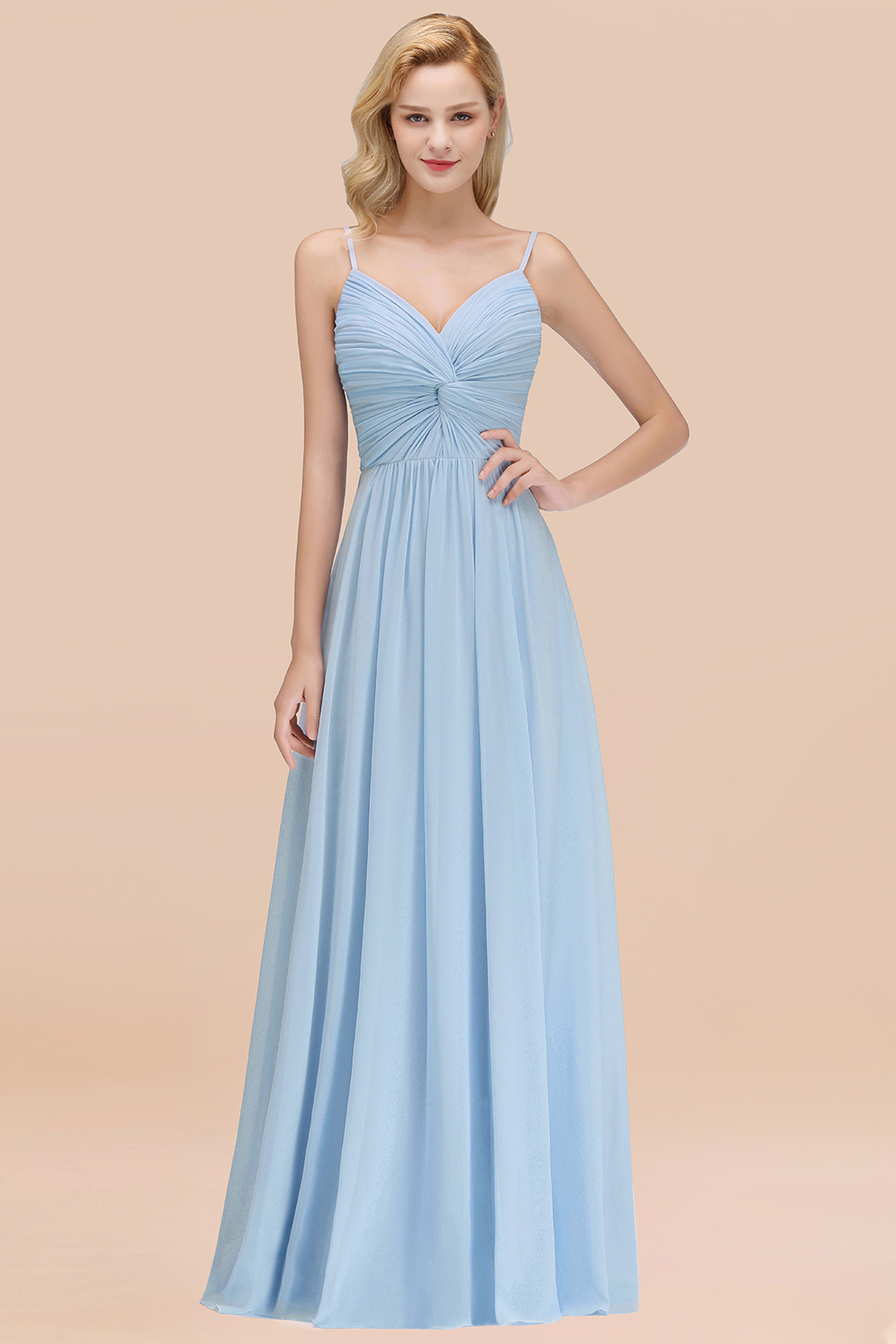 27prom Chic V-Neck Pleated Backless Bridesmaid Dresses with Spaghetti Straps-27prom