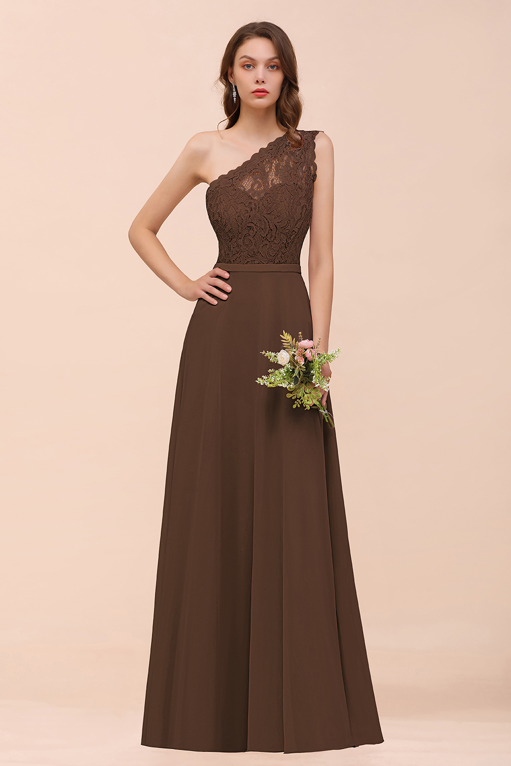 27prom New Arrival Dusty Rose One Shoulder Lace Long Bridesmaid Dress-27prom