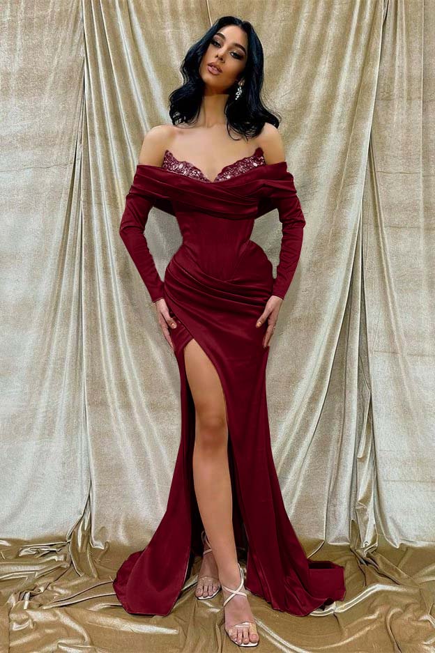 Off the Shoulder Long Sleeves Long Split Prom Dress With Beading