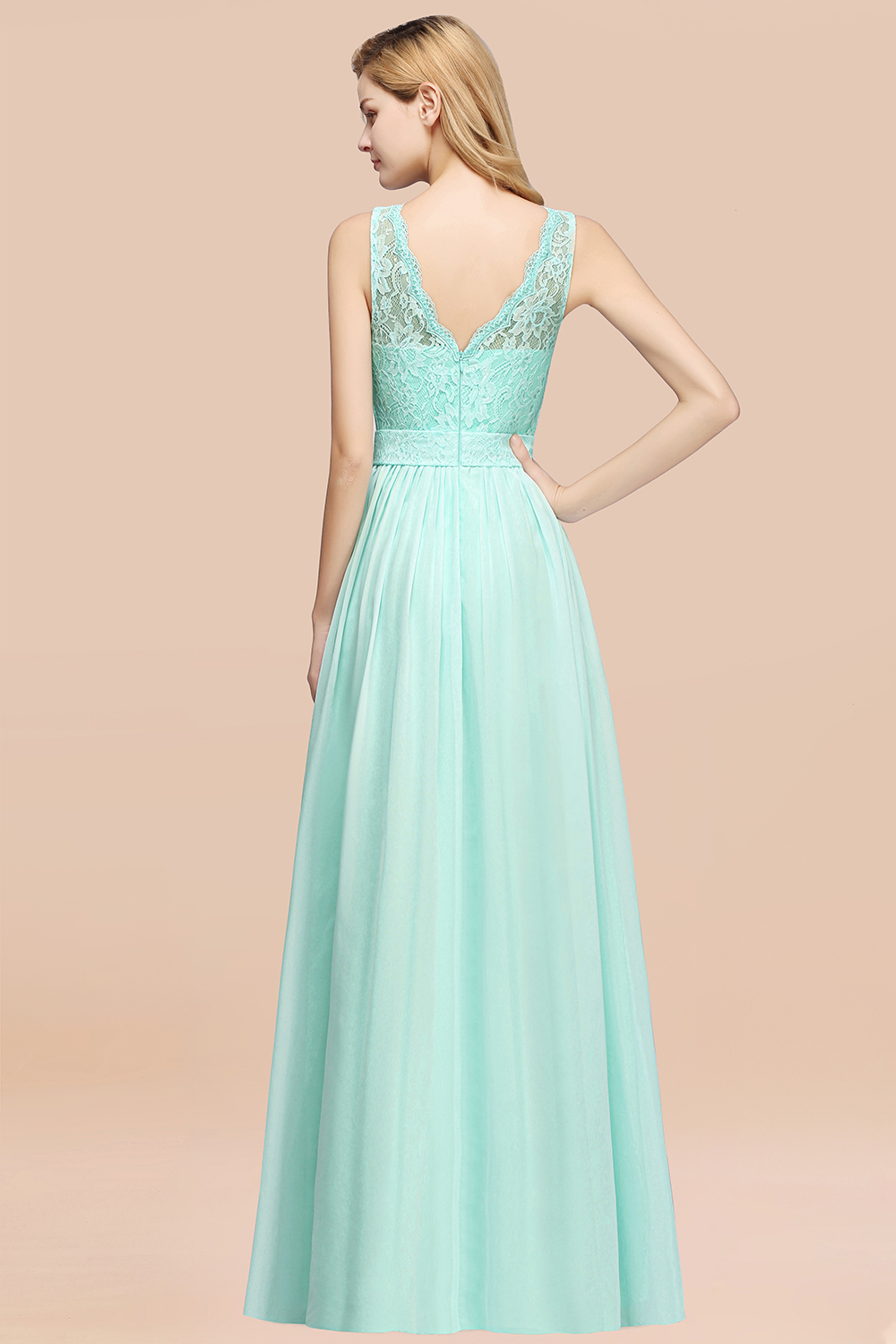 27prom Elegant Chiffon Lace Scalloped Sleeveless Ruffle Bridesmaid Dresses-27prom