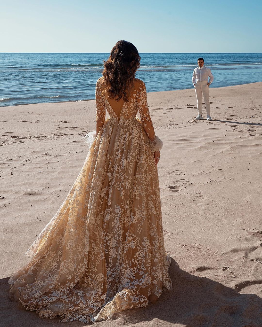 Long A-Line Column Train Jewel Neck Wedding Dress with Lace