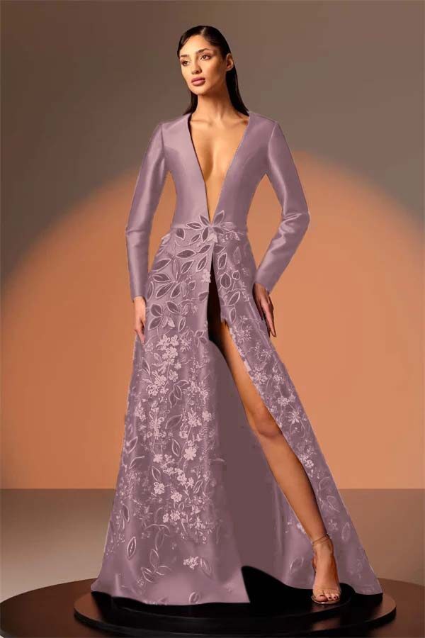 Long Sleeves Deep V Neck High Split Long Prom Dress With Appliques