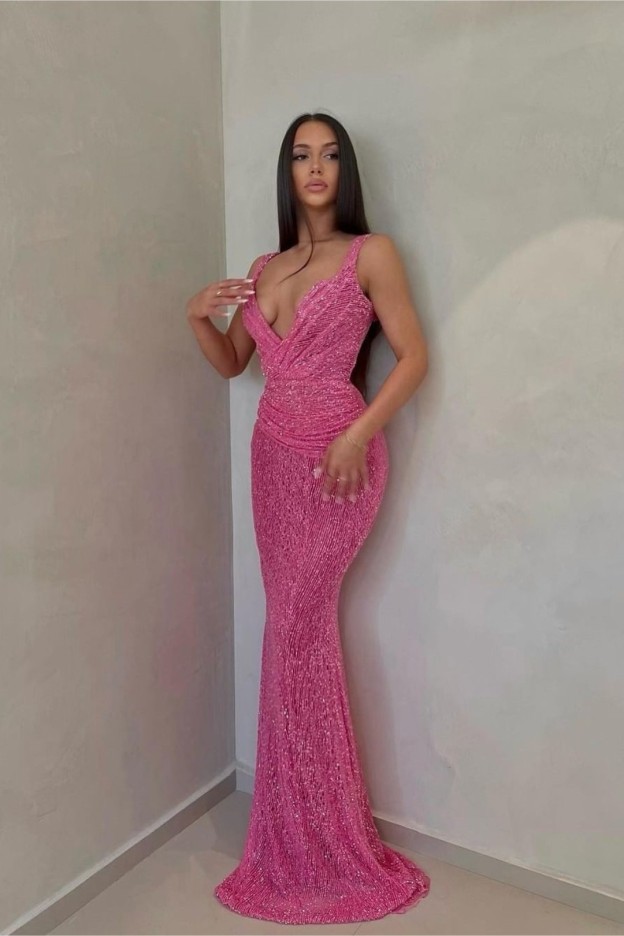 Sexy Pink Long Sequins Prom Dress V Neck Mermaid Sleeveless