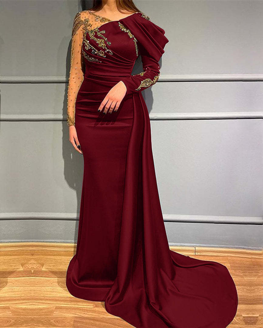 Dark Green Long Sleeves Mermaid Evening Dress with Beads Appliques