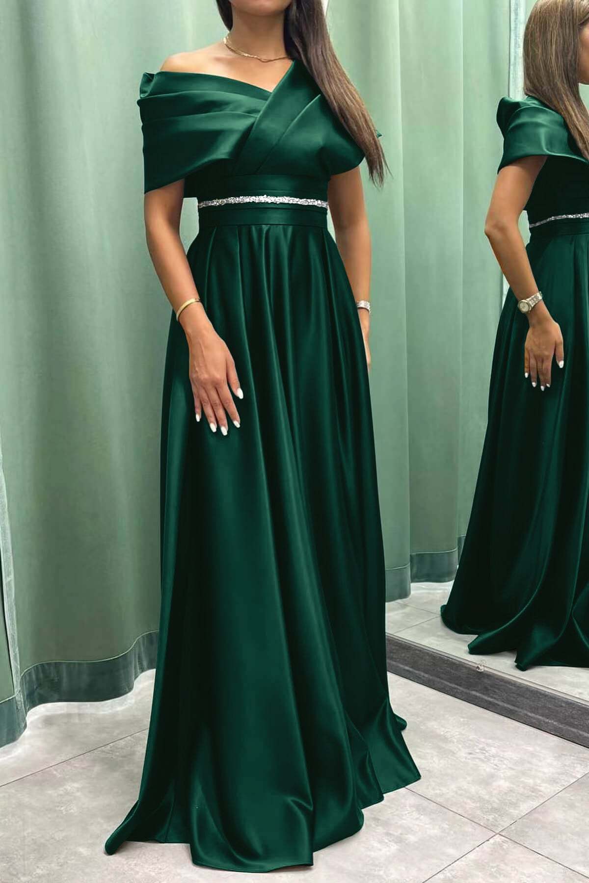 Elegant Off-the-Shoulder Long Evening Dress Pleated and On Sale