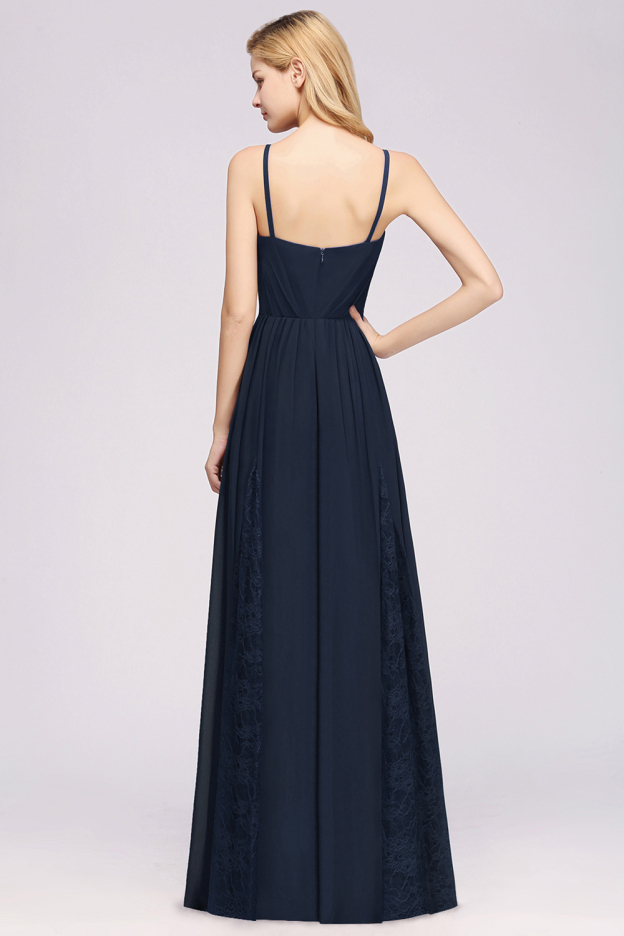 27prom Elegant Spaghetti Straps Long Bridesmaid Dress Lace V-Neck Maid of Honor Dress-27prom