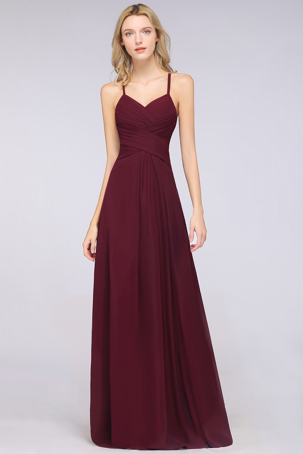 27prom Affordable Spaghetti Straps V-Neck Burgundy Chiffon Bridesmaid Dress with Keyhole Back-27prom