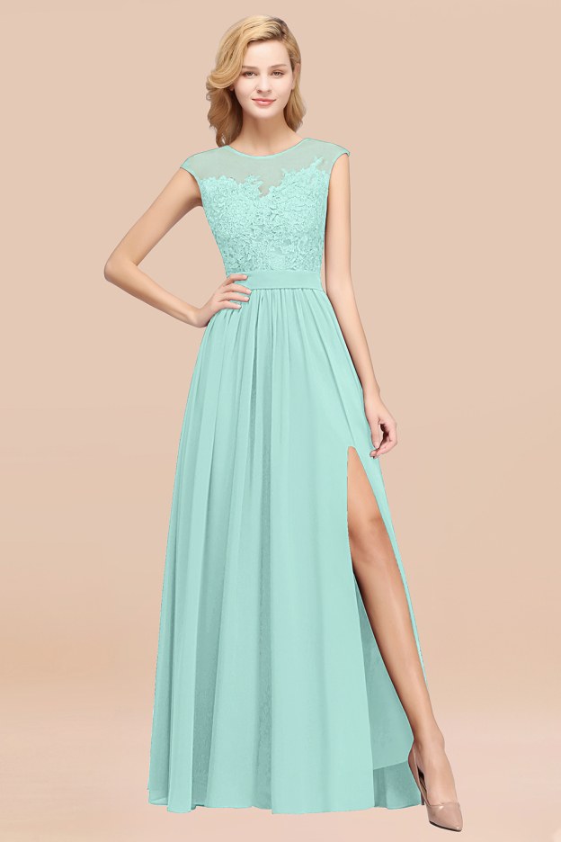 27prom Affordable Scoop Lace Appliques Yellow Bridesmaid Dresses with Slit-27prom
