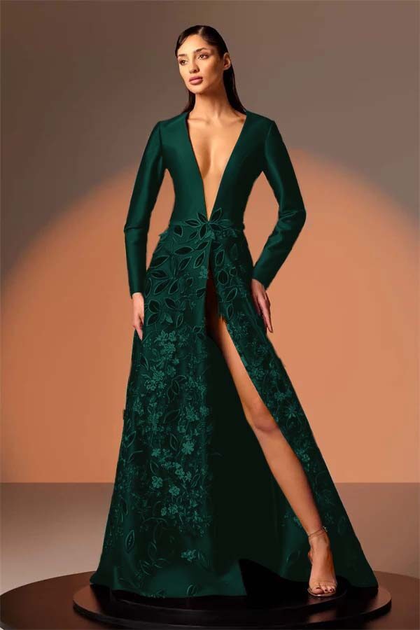 Long Sleeves Deep V Neck High Split Long Prom Dress With Appliques