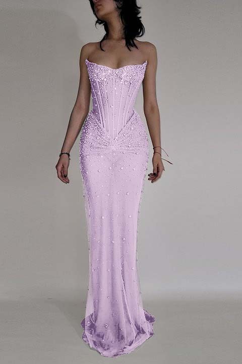 Strapless Sleeveless Mermaid Long Prom Dress With Beading Tulle