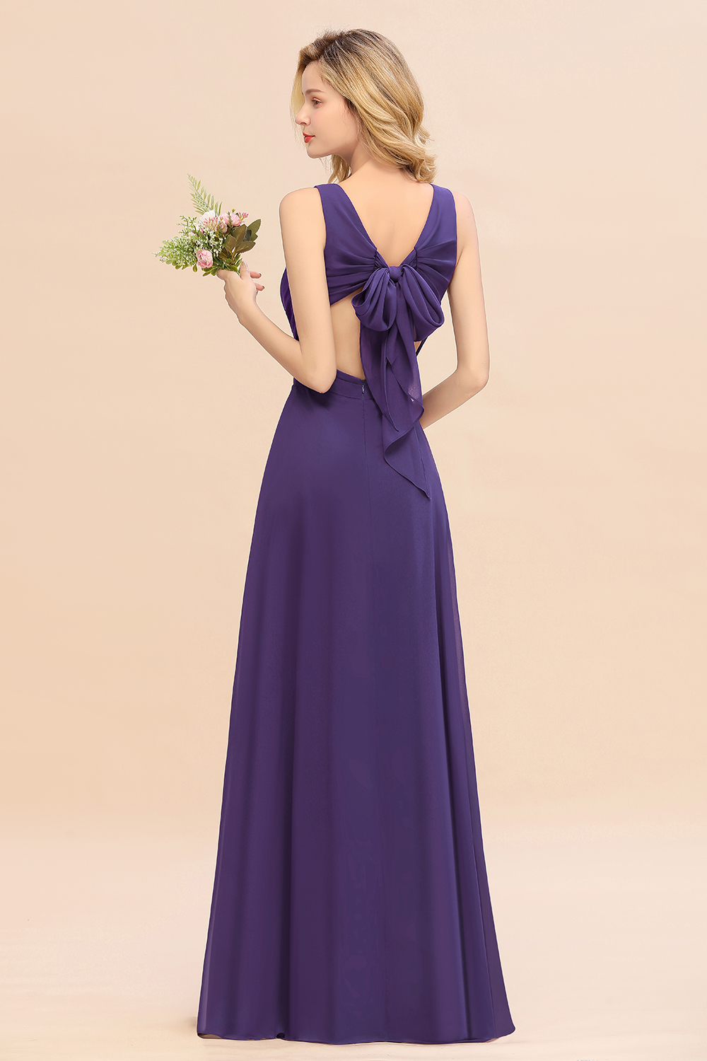 27prom Affordable V-Neck Ruffle Long Grape Chiffon Bridesmaid Dress with Bow-27prom