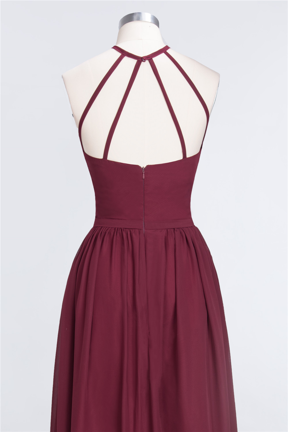 27prom Affordable Halter Sleeveless Long Burgundy Bridesmaid Dress with Ruffle-27prom