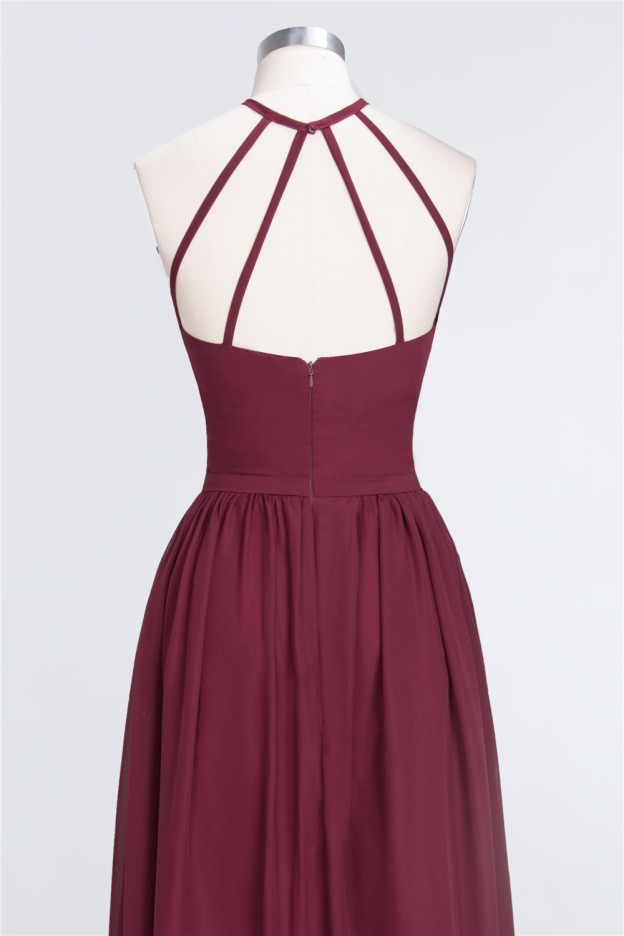 27prom Affordable Halter Sleeveless Long Burgundy Bridesmaid Dress with Ruffle-27prom