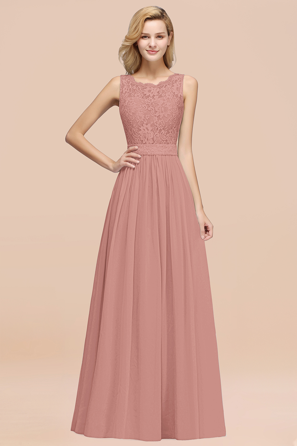 27prom Elegant Chiffon Lace Scalloped Sleeveless Ruffle Bridesmaid Dresses-27prom