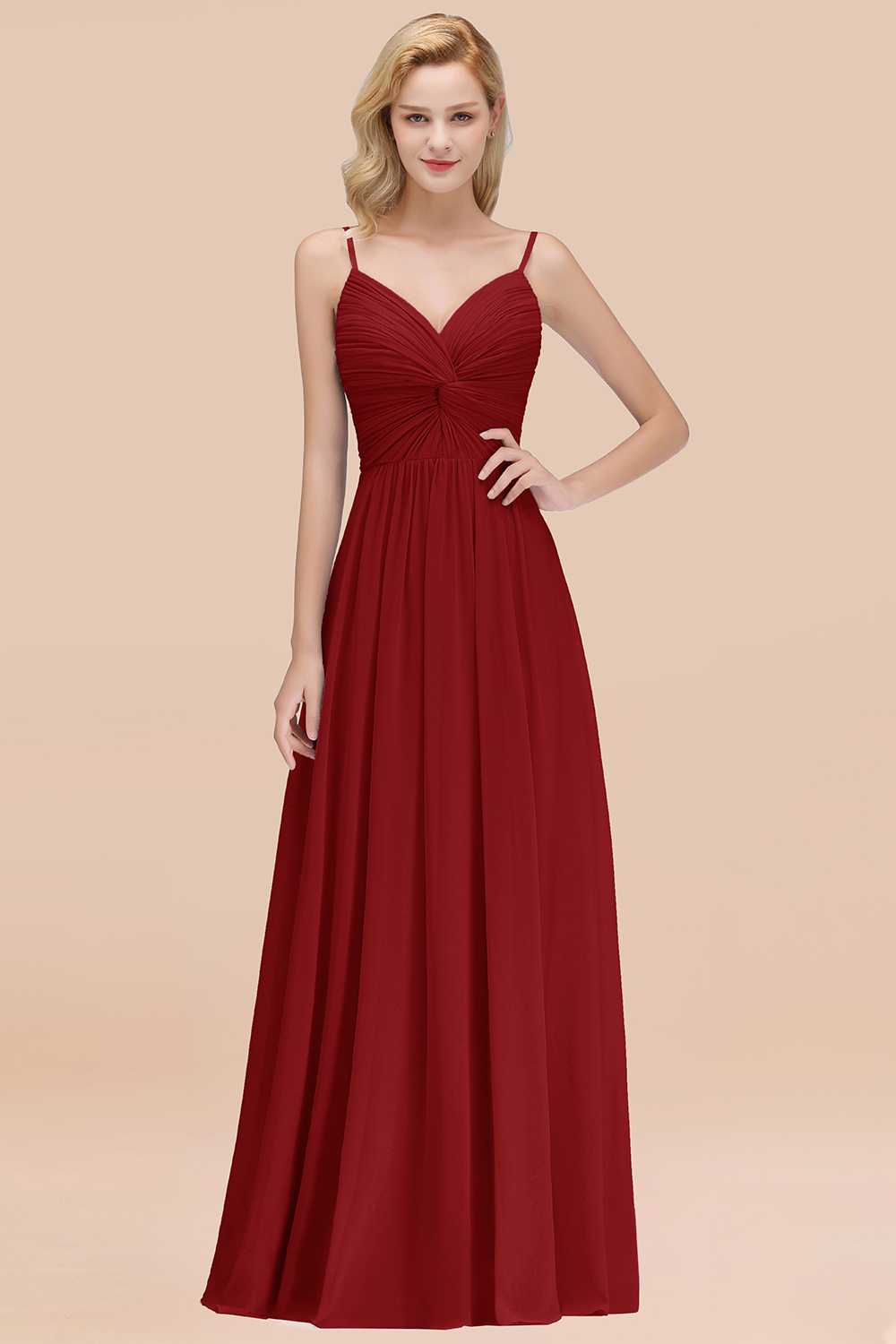 27prom Chic V-Neck Pleated Backless Bridesmaid Dresses with Spaghetti Straps-27prom