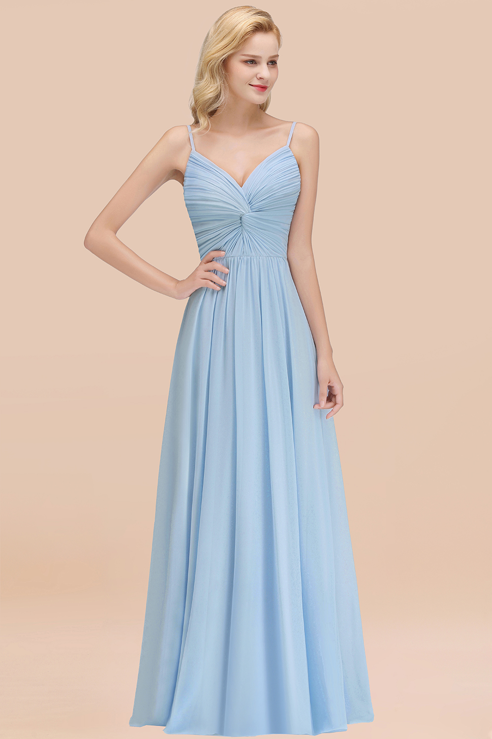 27prom Chic V-Neck Pleated Backless Bridesmaid Dresses with Spaghetti Straps-27prom