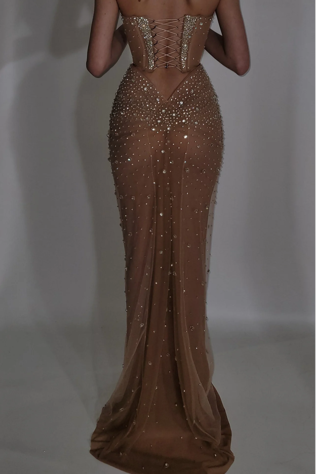 Strapless Sleeveless Mermaid Long Prom Dress With Beading Tulle