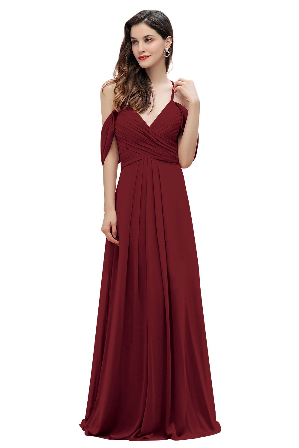 Elegant A-line Off-the-Shoulder V-neck Ruched Long Bridesmaid Dress-27prom