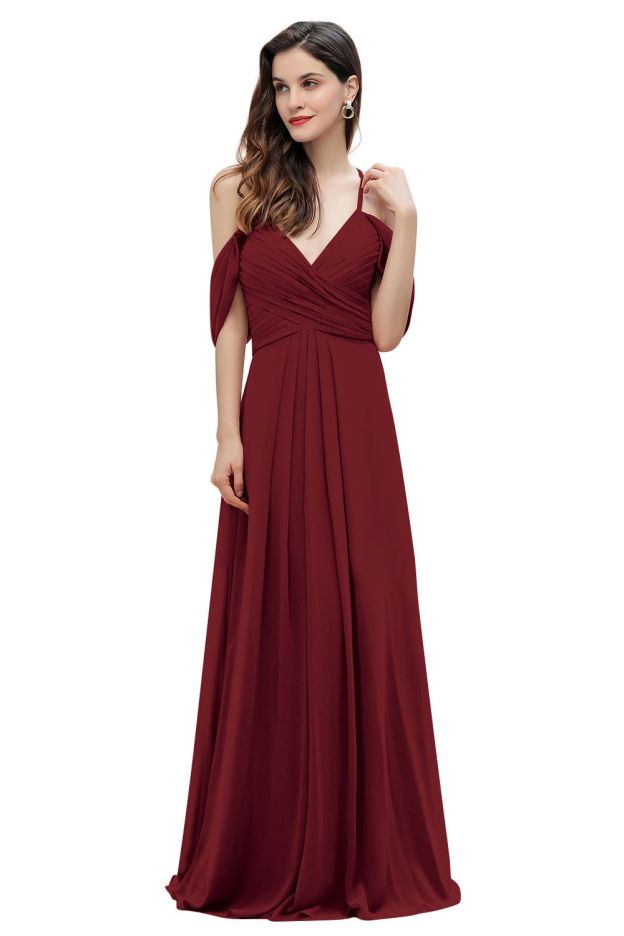Elegant A-line Off-the-Shoulder V-neck Ruched Long Bridesmaid Dress-27prom