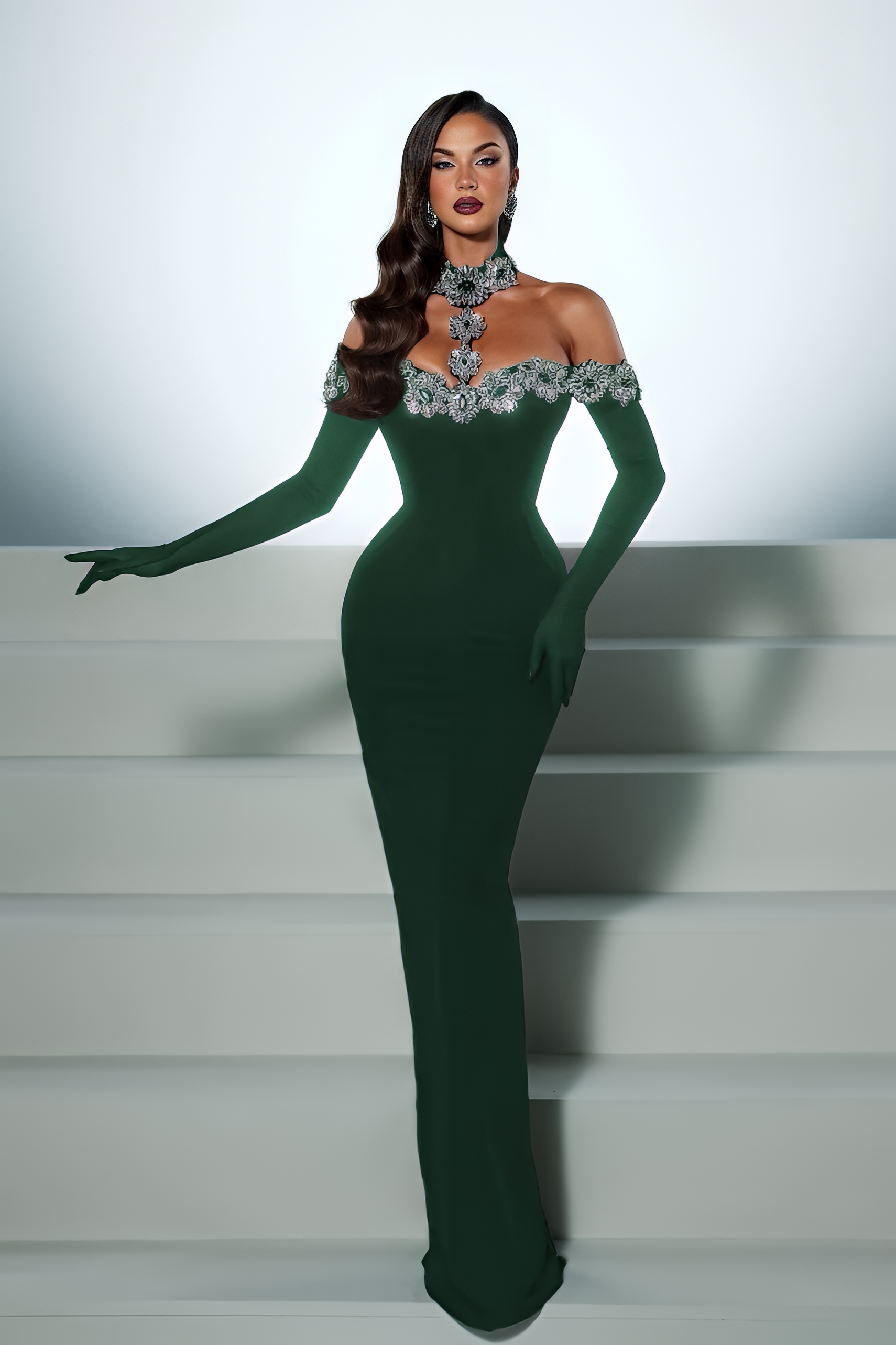 Halter Off the Shoulder Long Sleeves Long Mermaid Prom Dress With Beading