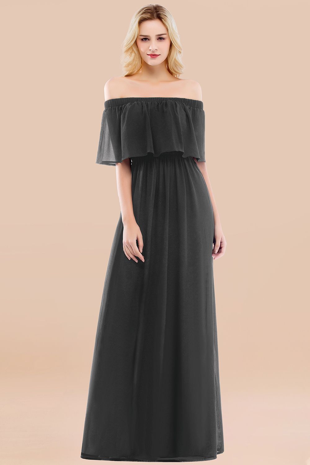 27prom Vintage Off-the-Shoulder Long Burgundy Bridesmaid Dress with Ruffle-27prom