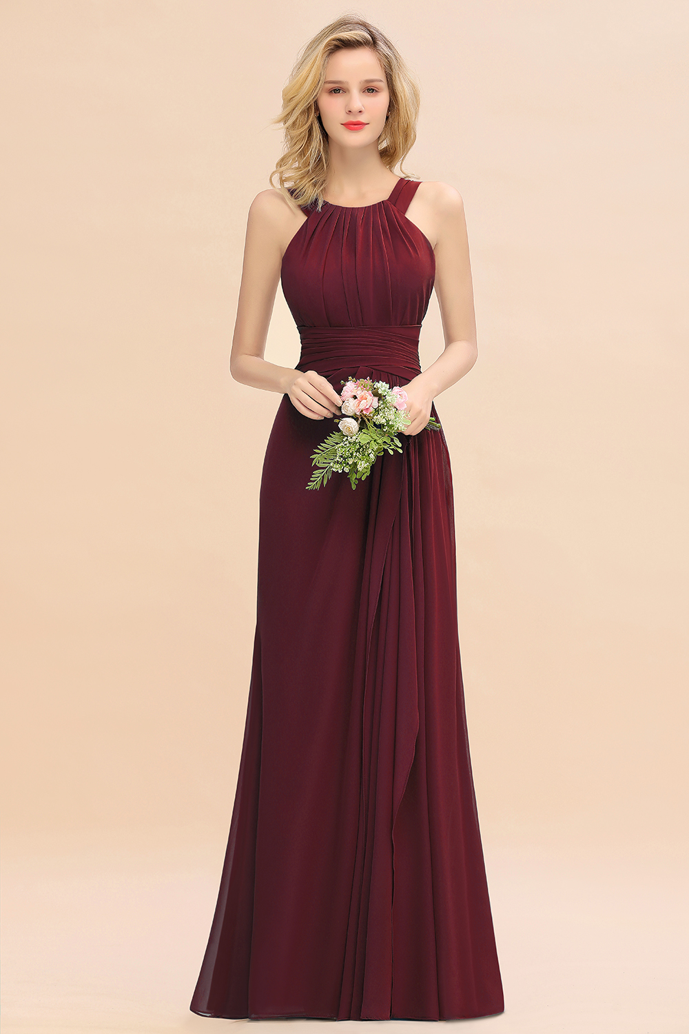 27prom Elegant Round Neck Sleeveless Bridesmaid Dress with Ruffles-27prom