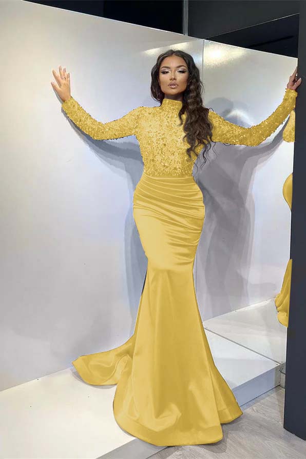 Classic Red Long Mermaid Prom Dress Pleated With Long Sleeves