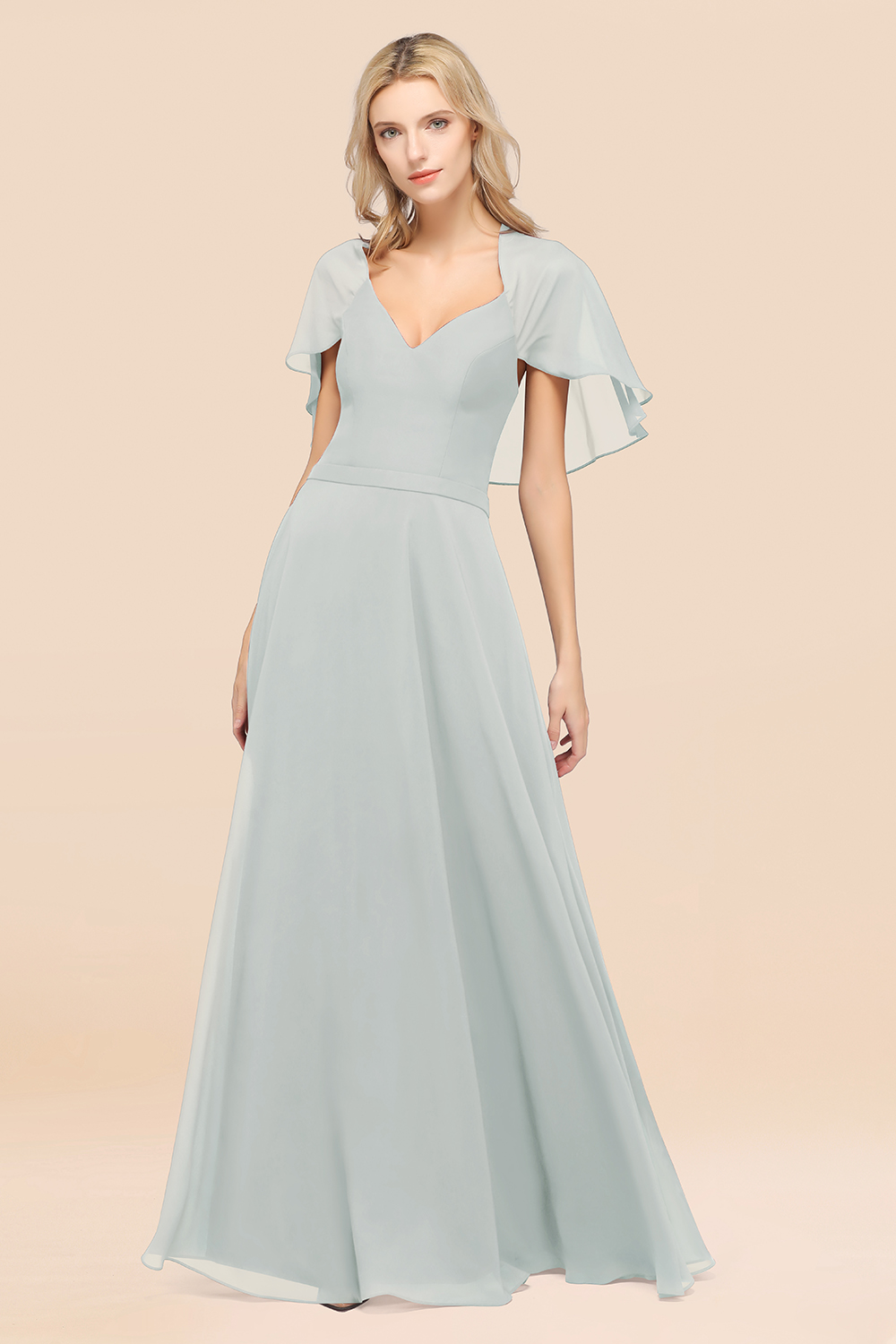 27prom Chic Satin V-Neck Long Burgundy Chiffon Bridesmaid Dress with Flutter Sleeve-27prom